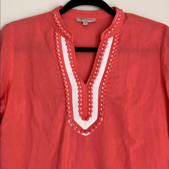 SAINT TROPEZ WEST top women’s size small coral pom tunic top 3/4 sleeve - Picture 4 of 7